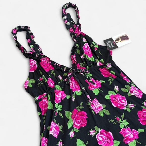 NWT Smart & Sexy Black & Pink Floral Pattern Ruffle Strap Lingerie Chemise Slip - Picture 6 of 7
